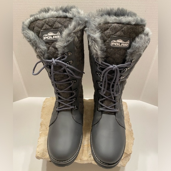 NIB Sz 10 Globalwin Grey Mid-Calf Winter Fur-Lined Lace-Up & Side Zip-Up Boots - Picture 2 of 14